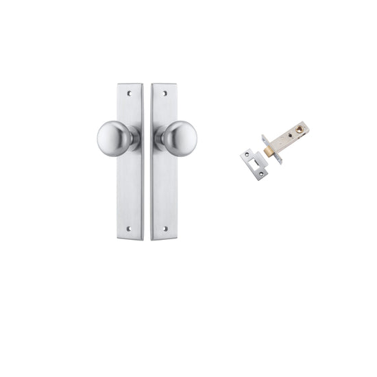 Door Knob Cambridge Chamfered Brushed Chrome D55xP62mm BPH240xW50mm Passage Kit, Tube Latch Split Cam 'T' Striker Brushed Chrome Backset 60mm in Brushed Chrome