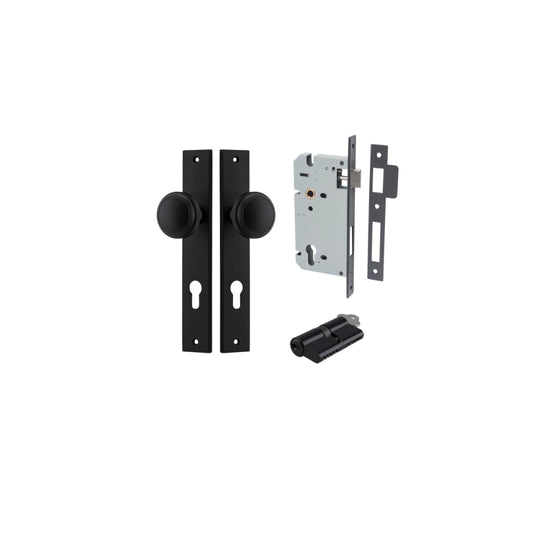 Door Knob Paddington Rectangular Euro Matt Black CTC85mm H240xW38xP68mm Entrance Kit, Mortice Lock Euro Matt Black CTC85mm Backset 60mm, Euro Cylinder Dual Function 5 Pin Matt Black L65mm KA1 in Matt Black