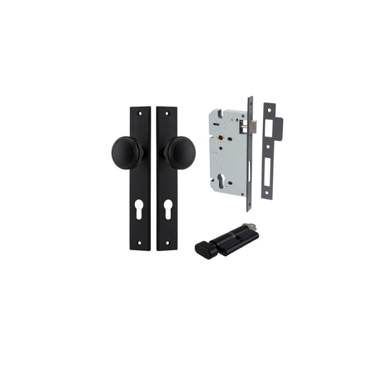 Door Knob Paddington Rectangular Euro Matt Black CTC85mm H240xW38xP68mm Entrance Kit, Mortice Lock Euro Matt Black CTC85mm Backset 60mm, Euro Cylinder Key Thumb 6 Pin Matt Black L70mm KA1 in Matt Black