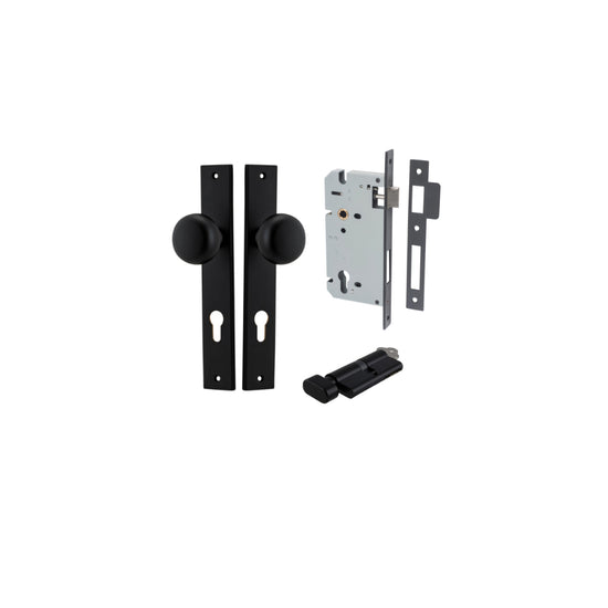 Door Knob Cambridge Rectangular Euro Matt Black CTC85mm H240xW38xP67mm Entrance Kit, Mortice Lock Euro Matt Black CTC85mm Backset 60mm, Euro Cylinder Key Thumb 6 Pin Matt Black L70mm KA1 in Matt Black