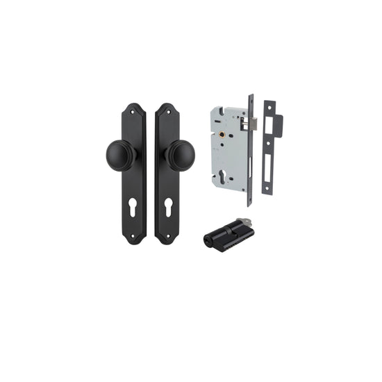 Door Knob Paddington Shouldered Euro Matt Black CTC85mm H240xW50xP68mm Entrance Kit, Mortice Lock Euro Matt Black CTC85mm Backset 60mm, Euro Cylinder Dual Function 5 Pin Matt Black L65mm KA1 in Matt Black