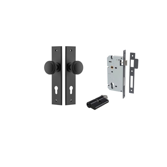 Door Knob Paddington Chamfered Euro Pair Matt Black CTC85mm D55xP63mm BPH240xW50mm, Mortice Lock Euro Matt Black CTC85mm Backset 60mm, Euro Cylinder Dual Function 5 Pin Matt Black 65mm KA4 in Matt Black