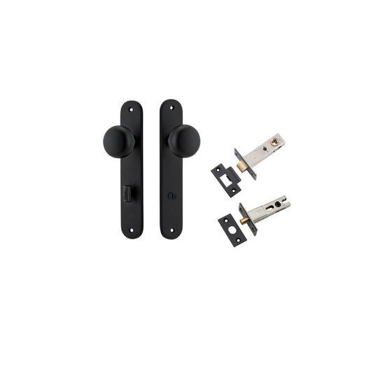 Door Knob Cambridge Oval Privacy Matt Black CTC85mm H240xW40xP67mm Inbuilt Privacy Kit, Tube Latch Split Cam 'T' Striker Matt Black Backset 60mm, Privacy Bolt Round Bolt Matt Black Backset 60mm in Matt Black