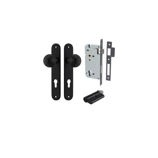 Door Knob Guildford Oval Euro Matt Black CTC85mm H240xW40xP60mm Entrance Kit, Mortice Lock Euro Matt Black CTC85mm Backset 60mm, Euro Cylinder Dual Function 5 Pin Matt Black L65mm KA1 in Matt Black