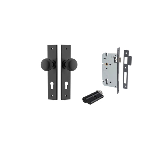 Door Knob Cambridge Chamfered Euro Pair Matt Black CTC85mm D55xP62mm BPH240xW50mm, Mortice Lock Euro Matt Black CTC85mm Backset 60mm, Euro Cylinder Dual Function 5 Pin Matt Black 65mm KA4 in Matt Black