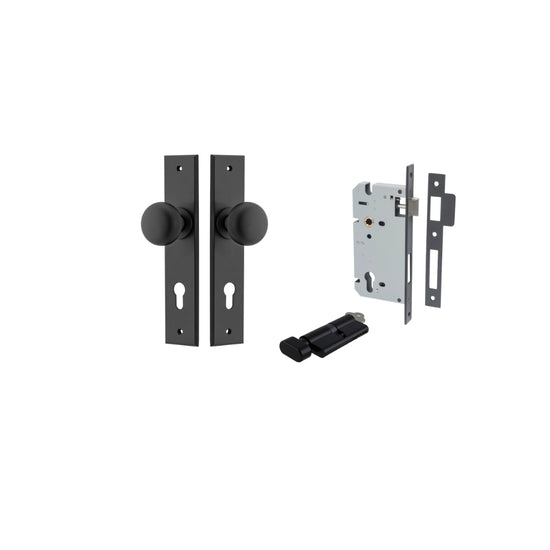 Door Knob Cambridge Chamfered Euro Pair Matt Black CTC85mm D55xP62mm BPH240xW50mm, Mortice Lock Euro Matt Black CTC85mm Backset 60mm, Euro Cylinder Key Thumb 5 Pin Matt Black 65mm KA4 in Matt Black