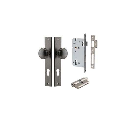 Door Knob Paddington Rectangular Euro Distressed Nickel CTC85mm H240xW38xP68mm Entrance Kit, Mortice Lock Euro Distressed Nickel CTC85mm Backset 60mm, Euro Cylinder Dual Function 5 Pin Distressed Nickel L65mm KA1 in Distressed Nickel