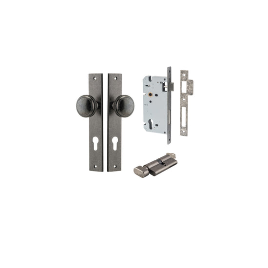 Door Knob Paddington Rectangular Euro Distressed Nickel CTC85mm H240xW38xP68mm Entrance Kit, Mortice Lock Euro Distressed Nickel CTC85mm Backset 60mm, Euro Cylinder Key Thumb 6 Pin Distressed Nickel L70mm KA1 in Distressed Nickel