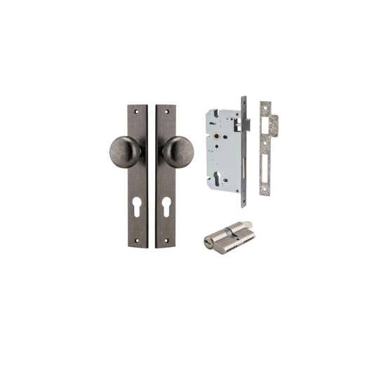 Door Knob Cambridge Rectangular Euro Distressed Nickel CTC85mm H240xW38xP67mm Entrance Kit, Mortice Lock Euro Distressed Nickel CTC85mm Backset 60mm, Euro Cylinder Dual Function 5 Pin Distressed Nickel L65mm KA1 in Distressed Nickel