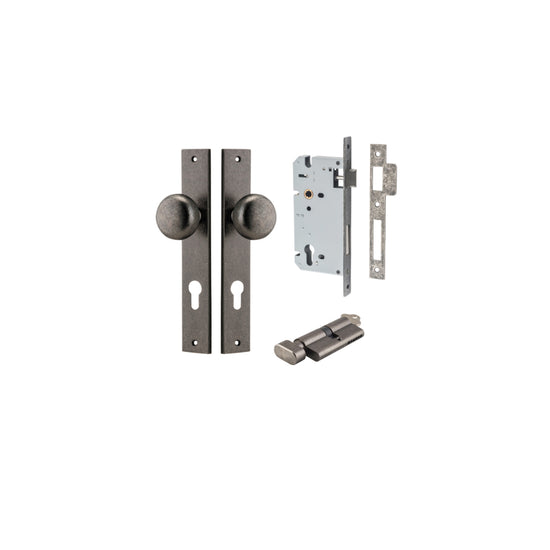 Door Knob Cambridge Rectangular Euro Distressed Nickel CTC85mm H240xW38xP67mm Entrance Kit, Mortice Lock Euro Distressed Nickel CTC85mm Backset 60mm, Euro Cylinder Key Thumb 6 Pin Distressed Nickel L70mm KA1 in Distressed Nickel