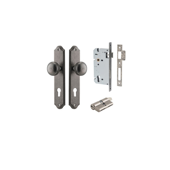 Door Knob Paddington Shouldered Euro Distressed Nickel CTC85mm H240xW50xP68mm Entrance Kit, Mortice Lock Euro Distressed Nickel CTC85mm Backset 60mm, Euro Cylinder Dual Function 5 Pin Distressed Nickel L65mm KA1 in Distressed Nickel