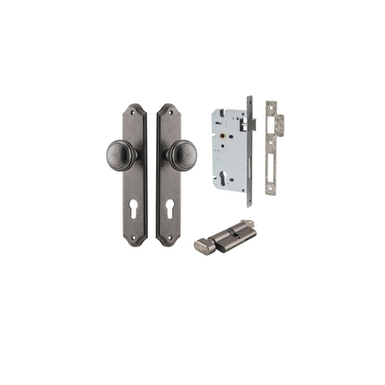 Door Knob Paddington Shouldered Euro Distressed Nickel CTC85mm H240xW50xP68mm Entrance Kit, Mortice Lock Euro Distressed Nickel CTC85mm Backset 60mm, Euro Cylinder Key Thumb 6 Pin Distressed Nickel L70mm KA1 in Distressed Nickel