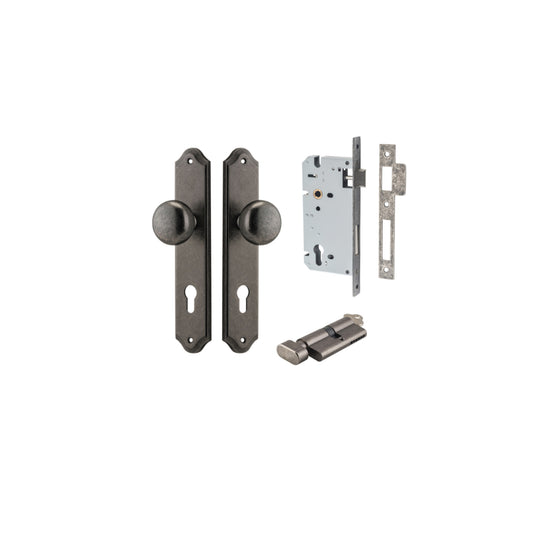 Door Knob Cambridge Shouldered Euro Distressed Nickel CTC85mm H240xW50xP67mm Entrance Kit, Mortice Lock Euro Distressed Nickel CTC85mm Backset 60mm, Euro Cylinder Key Thumb 6 Pin Distressed Nickel L70mm KA1 in Distressed Nickel