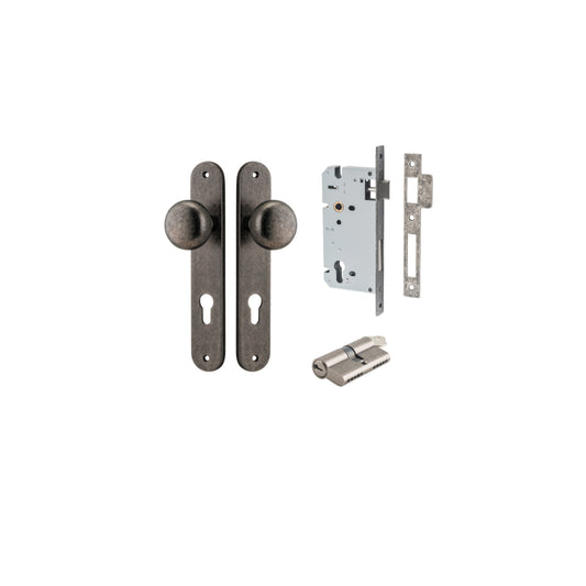 Door Knob Cambridge Oval Euro Distressed Nickel CTC85mm H240xW40xP67mm Entrance Kit, Mortice Lock Euro Distressed Nickel CTC85mm Backset 60mm, Euro Cylinder Dual Function 5 Pin Distressed Nickel L65mm KA1 in Distressed Nickel