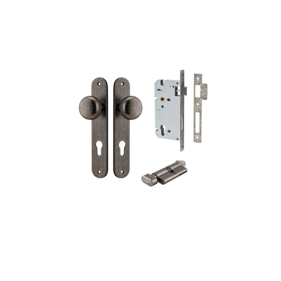 Door Knob Cambridge Oval Euro Distressed Nickel CTC85mm H240xW40xP67mm Entrance Kit, Mortice Lock Euro Distressed Nickel CTC85mm Backset 60mm, Euro Cylinder Key Thumb 6 Pin Distressed Nickel L70mm KA1 in Distressed Nickel