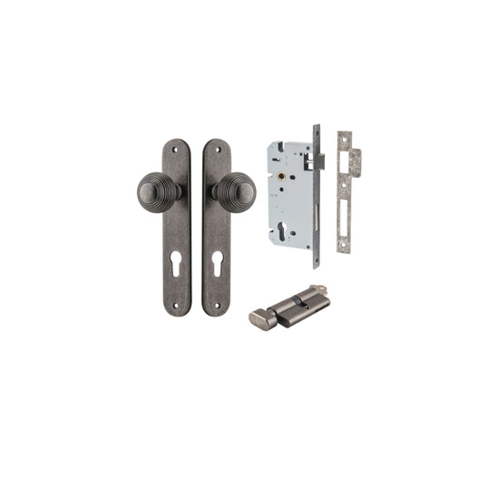 Door Knob Guildford Oval Euro Distressed Nickel CTC85mm H240xW40xP60mm Entrance Kit, Mortice Lock Euro Distressed Nickel CTC85mm Backset 60mm, Euro Cylinder Key Thumb 6 Pin Distressed Nickel L70mm KA1 in Distressed Nickel