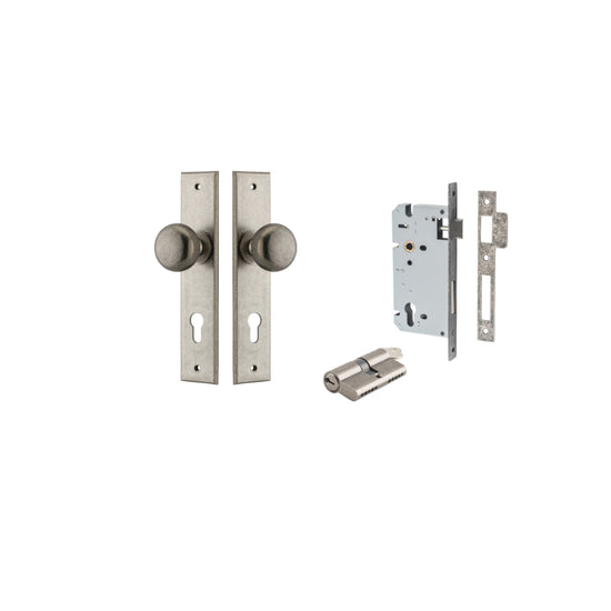 Door Knob Cambridge Chamfered Euro Pair Distressed Nickel CTC85mm D55xP62mm BPH240xW50mm, Mortice Lock Euro Distressed Nickel CTC85mm Backset 60mm, Euro Cylinder Dual Function 5 Pin Distressed Nickel 65mm KA4 in Distressed Nickel