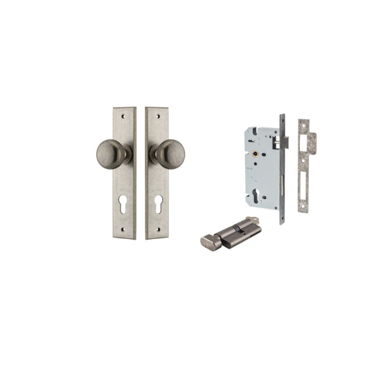 Door Knob Cambridge Chamfered Euro Pair Distressed Nickel CTC85mm D55xP62mm BPH240xW50mm, Mortice Lock Euro Distressed Nickel CTC85mm Backset 60mm, Euro Cylinder Key Thumb 5 Pin Distressed Nickel 65mm KA4 in Distressed Nickel