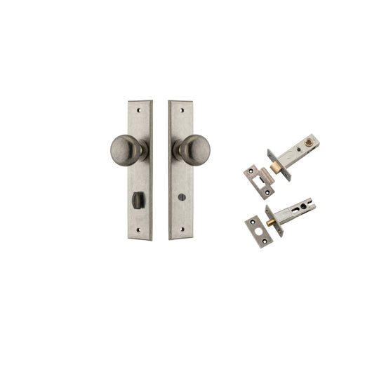 Door Knob Cambridge Chamfered Privacy Distressed Nickel CTC85mm D55xP62mm BPH240xW50mm Privacy Kit, Tube Latch Split Cam 'T' Striker Distressed Nickel Backset 60mm, Privacy Bolt Round Bolt Distressed Nickel Backset 60mm in Distressed Nickel