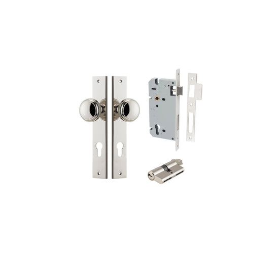 Door Knob Paddington Rectangular Euro Polished Nickel CTC85mm H240xW38xP68mm Entrance Kit, Mortice Lock Euro Polished Nickel CTC85mm Backset 60mm, Euro Cylinder Dual Function 5 Pin Polished Nickel L65mm KA1 in Polished Nickel