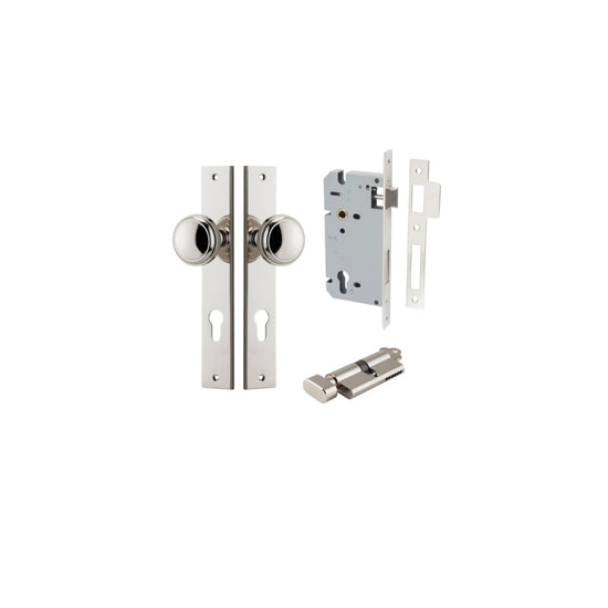 Door Knob Paddington Rectangular Euro Polished Nickel CTC85mm H240xW38xP68mm Entrance Kit, Mortice Lock Euro Polished Nickel CTC85mm Backset 60mm, Euro Cylinder Key Thumb 6 Pin Polished Nickel L70mm KA1 in Polished Nickel