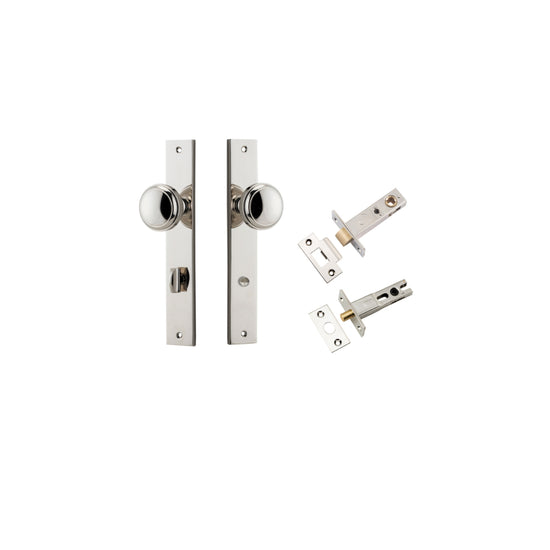 Door Knob Paddington Rectangular Privacy Polished Nickel CTC85mm H240xW38xP68mm Inbuilt Privacy Kit, Tube Latch Split Cam 'T' Striker Polished Nickel Backset 60mm, Privacy Bolt Round Bolt Polished Nickel Backset 60mm in Polished Nickel