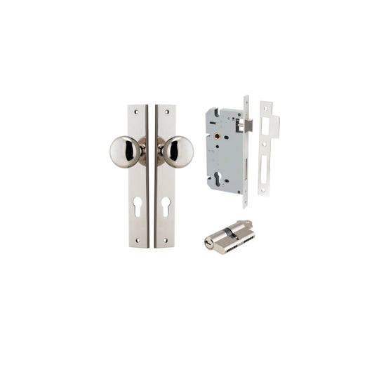 Door Knob Cambridge Rectangular Euro Polished Nickel CTC85mm H240xW38xP67mm Entrance Kit, Mortice Lock Euro Polished Nickel CTC85mm Backset 60mm, Euro Cylinder Dual Function 5 Pin Polished Nickel L65mm KA1 in Polished Nickel