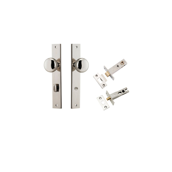 Door Knob Cambridge Rectangular Privacy Polished Nickel CTC85mm H240xW38xP67mm Inbuilt Privacy Kit, Tube Latch Split Cam 'T' Striker Polished Nickel Backset 60mm, Privacy Bolt Round Bolt Polished Nickel Backset 60mm in Polished Nickel