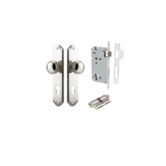 Door Knob Paddington Shouldered Euro Polished Nickel CTC85mm H240xW50xP68mm Entrance Kit, Mortice Lock Euro Polished Nickel CTC85mm Backset 60mm, Euro Cylinder Dual Function 5 Pin Polished Nickel L65mm KA1 in Polished Nickel