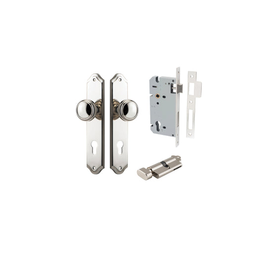 Door Knob Paddington Shouldered Euro Polished Nickel CTC85mm H240xW50xP68mm Entrance Kit, Mortice Lock Euro Polished Nickel CTC85mm Backset 60mm, Euro Cylinder Key Thumb 6 Pin Polished Nickel L70mm KA1 in Polished Nickel