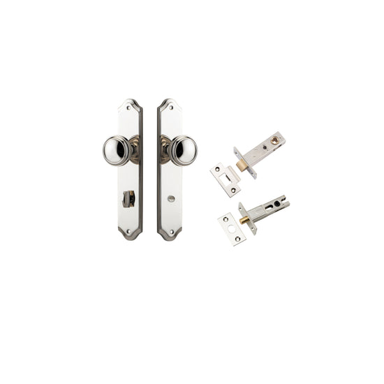 Door Knob Paddington Shouldered Privacy Polished Nickel CTC85mm H240xW50xP68mm Inbuilt Privacy Kit, Tube Latch Split Cam 'T' Striker Polished Nickel Backset 60mm, Privacy Bolt Round Bolt Polished Nickel Backset 60mm in Polished Nickel