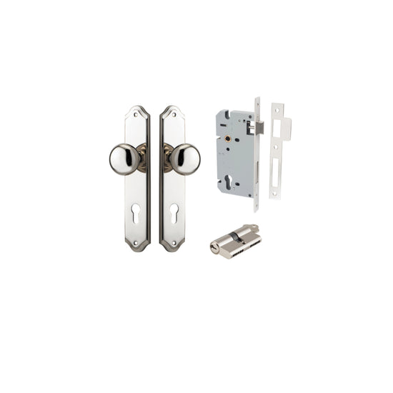 Door Knob Cambridge Shouldered Euro Polished Nickel CTC85mm H240xW50xP67mm Entrance Kit, Mortice Lock Euro Polished Nickel CTC85mm Backset 60mm, Euro Cylinder Dual Function 5 Pin Polished Nickel L65mm KA1 in Polished Nickel