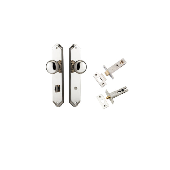 Door Knob Cambridge Shouldered Privacy Polished Nickel CTC85mm H240xW50xP67mm Inbuilt Privacy Kit, Tube Latch Split Cam 'T' Striker Polished Nickel Backset 60mm, Privacy Bolt Round Bolt Polished Nickel Backset 60mm in Polished Nickel