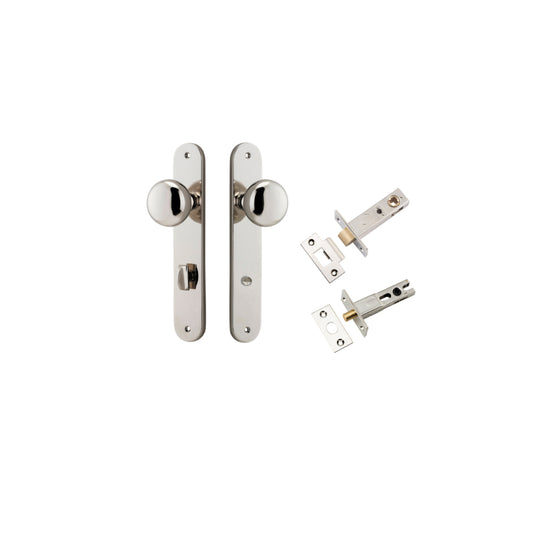 Door Knob Cambridge Oval Privacy Polished Nickel CTC85mm H240xW40xP67mm Inbuilt Privacy Kit, Tube Latch Split Cam 'T' Striker Polished Nickel Backset 60mm, Privacy Bolt Round Bolt Polished Nickel Backset 60mm in Polished Nickel