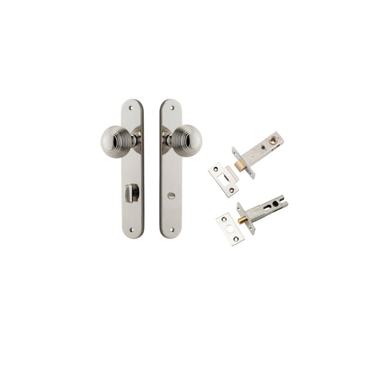 Door Knob Guildford Oval Privacy Polished Nickel CTC85mm H240xW40xP60mm Inbuilt Privacy Kit, Tube Latch Split Cam 'T' Striker Polished Nickel Backset 60mm, Privacy Bolt Round Bolt Polished Nickel Backset 60mm in Polished Nickel