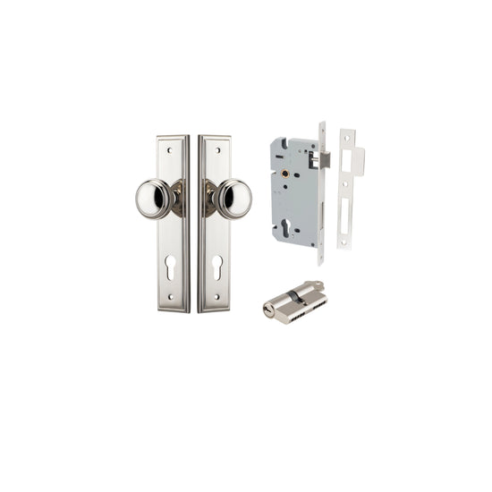 Door Knob Paddington Stepped Euro Polished Nickel CTC85mm H240xW50xP68mm Entrance Kit, Mortice Lock Euro Polished Nickel CTC85mm Backset 60mm, Euro Cylinder Dual Function 5 Pin Polished Nickel L65mm KA1 in Polished Nickel