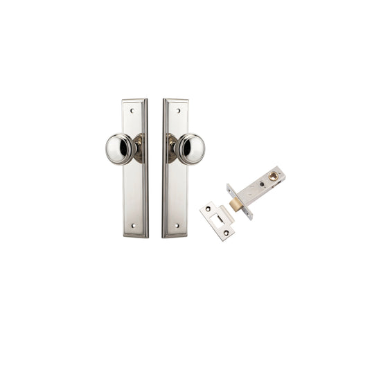 Door Knob Paddington Stepped Latch Polished Nickel H240xW50xP68mm Passage Kit, Tube Latch Split Cam 'T' Striker Polished Nickel Backset 60mm in Polished Nickel