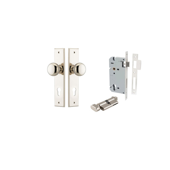 Door Knob Cambridge Chamfered Euro Pair Polished Nickel CTC85mm D55xP62mm BPH240xW50mm, Mortice Lock Euro Polished Nickel CTC85mm Backset 60mm, Euro Cylinder Key Thumb 5 Pin Polished Nickel 65mm KA4 in Polished Nickel