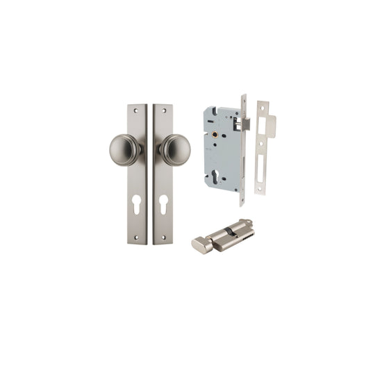 Door Knob Paddington Rectangular Euro Satin Nickel CTC85mm H240xW38xP68mm Entrance Kit, Mortice Lock Euro Satin Nickel CTC85mm Backset 60mm, Euro Cylinder Key Thumb 6 Pin Satin Nickel L70mm KA1 in Satin Nickel