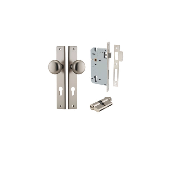 Door Knob Cambridge Rectangular Euro Satin Nickel CTC85mm H240xW38xP67mm Entrance Kit, Mortice Lock Euro Satin Nickel CTC85mm Backset 60mm, Euro Cylinder Dual Function 5 Pin Satin Nickel L65mm KA1 in Satin Nickel