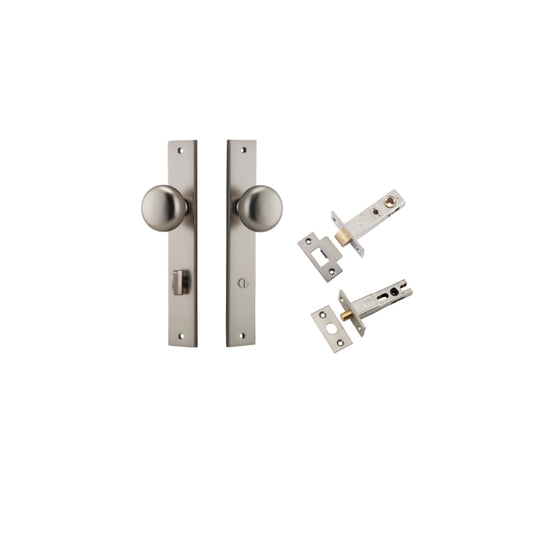 Door Knob Cambridge Rectangular Privacy Satin Nickel CTC85mm H240xW38xP67mm Inbuilt Privacy Kit, Tube Latch Split Cam 'T' Striker Satin Nickel Backset 60mm, Privacy Bolt Round Bolt Satin Nickel Backset 60mm in Satin Nickel