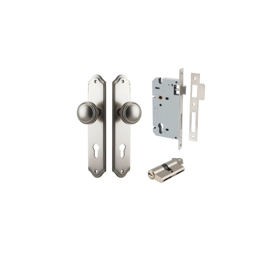 Door Knob Paddington Shouldered Euro Satin Nickel CTC85mm H240xW50xP68mm Entrance Kit, Mortice Lock Euro Satin Nickel CTC85mm Backset 60mm, Euro Cylinder Dual Function 5 Pin Satin Nickel L65mm KA1 in Satin Nickel