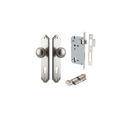 Door Knob Paddington Shouldered Euro Satin Nickel CTC85mm H240xW50xP68mm Entrance Kit, Mortice Lock Euro Satin Nickel CTC85mm Backset 60mm, Euro Cylinder Key Thumb 6 Pin Satin Nickel L70mm KA1 in Satin Nickel