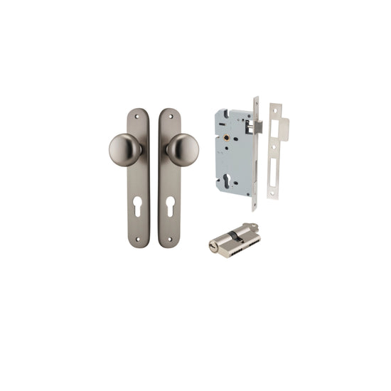 Door Knob Cambridge Oval Euro Satin Nickel CTC85mm H240xW40xP67mm Entrance Kit, Mortice Lock Euro Satin Nickel CTC85mm Backset 60mm, Euro Cylinder Dual Function 5 Pin Satin Nickel L65mm KA1 in Satin Nickel