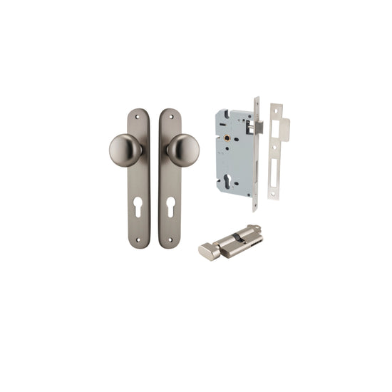 Door Knob Cambridge Oval Euro Satin Nickel CTC85mm H240xW40xP67mm Entrance Kit, Mortice Lock Euro Satin Nickel CTC85mm Backset 60mm, Euro Cylinder Key Thumb 6 Pin Satin Nickel L70mm KA1 in Satin Nickel