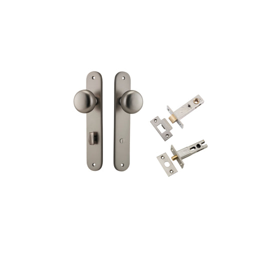 Door Knob Cambridge Oval Privacy Satin Nickel CTC85mm H240xW40xP67mm Inbuilt Privacy Kit, Tube Latch Split Cam 'T' Striker Satin Nickel Backset 60mm, Privacy Bolt Round Bolt Satin Nickel Backset 60mm in Satin Nickel