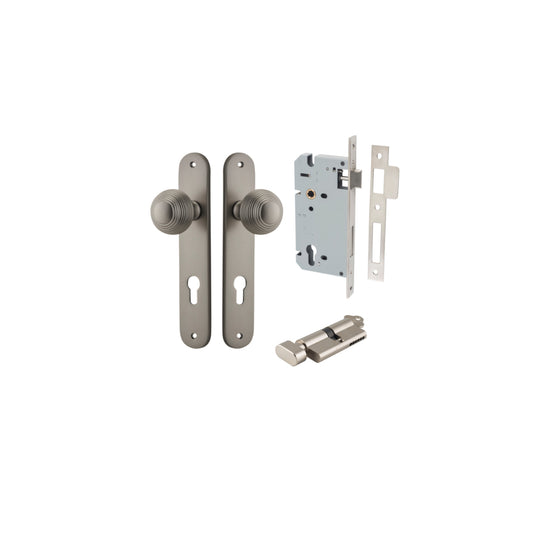 Door Knob Guildford Oval Euro Satin Nickel CTC85mm H240xW40xP60mm Entrance Kit, Mortice Lock Euro Satin Nickel CTC85mm Backset 60mm, Euro Cylinder Key Thumb 6 Pin Satin Nickel L70mm KA1 in Satin Nickel