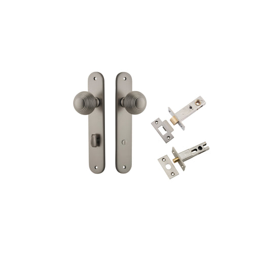 Door Knob Guildford Oval Privacy Satin Nickel CTC85mm H240xW40xP60mm Inbuilt Privacy Kit, Tube Latch Split Cam 'T' Striker Satin Nickel Backset 60mm, Privacy Bolt Round Bolt Satin Nickel Backset 60mm in Satin Nickel