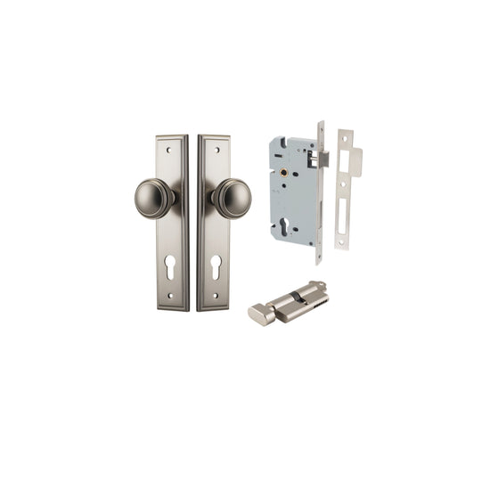 Door Knob Paddington Stepped Euro Satin Nickel CTC85mm H240xW50xP68mm Entrance Kit, Mortice Lock Euro Satin Nickel CTC85mm Backset 60mm, Euro Cylinder Key Thumb 6 Pin Satin Nickel L70mm KA1 in Satin Nickel