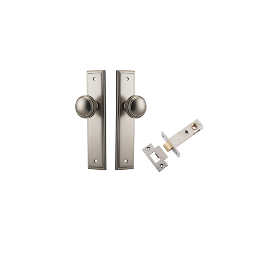 Door Knob Paddington Stepped Latch Satin Nickel H240xW50xP68mm Passage Kit, Tube Latch Split Cam 'T' Striker Satin Nickel Backset 60mm in Satin Nickel